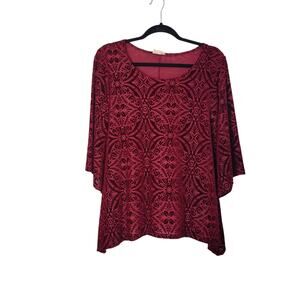 Brittany Black Red Burnout Velvet Sheer Fairy Shirt Asymmetrical Flare Sleeve